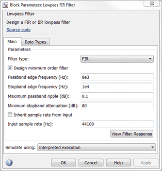 The block dialog box of the Lowpass Filter block. The settings on the block dialog are as follows. Main pane: Filter type is set to FIR, Design minimum order filter check box is selected, Passband edge frequency is set to 8000 Hz, Stopband edge frequency is set to 10000 Hz, Maximum passband ripple is set to 0.1 dB, Minimum stopband attenuation is set to 80 dB, Inherit sample rate from input check box is not selected, Input sample rate is set to 44100 Hz, Simulate using is set to Interpreted execution.