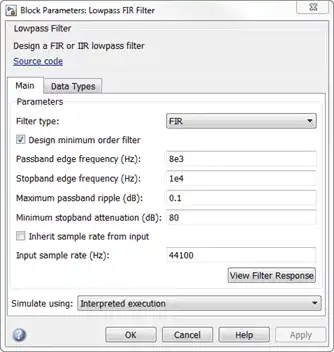 The block dialog box of the Lowpass Filter block. The settings on the block dialog are as follows. Main pane: Filter type is set to FIR, Design minimum order filter check box is selected, Passband edge frequency is set to 8000 Hz, Stopband edge frequency is set to 10000 Hz, Maximum passband ripple is set to 0.1 dB, Minimum stopband attenuation is set to 80 dB, Inherit sample rate from input check box is not selected, Input sample rate is set to 44100 Hz, Simulate using is set to Interpreted execution.