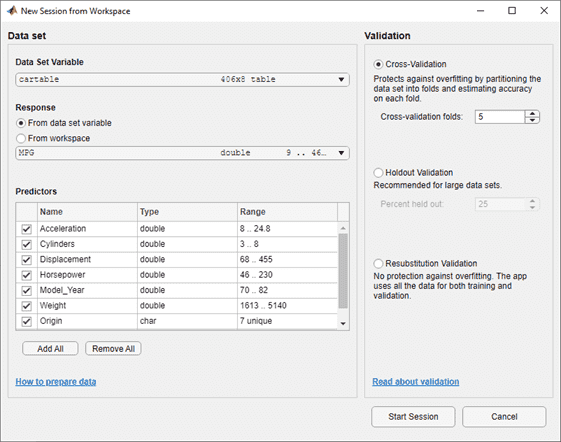 New Session from Workspace dialog box