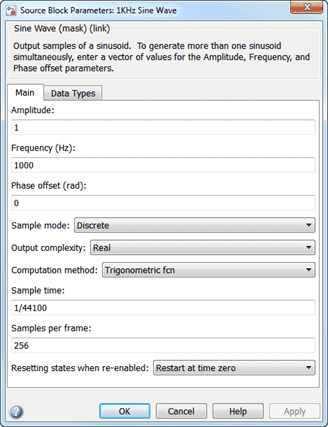 The block dialog box of the first Sine Wave block. The settings on the block dialog are as follows. Main pane: Amplitude is set to 1, Frequency is set to 1000 Hz, Phase offset is set to 0 radians, Sample mode is set to Discrete, Output complexity is set to Real, Computation method is set to Trignometric fcn, Sample time is set to 1/44100, Samples per frame is set to 256, Resetting states when re-enabled is set to Restart at time zero.