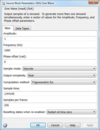 The block dialog box of the first Sine Wave block. The settings on the block dialog are as follows. Main pane: Amplitude is set to 1, Frequency is set to 1000 Hz, Phase offset is set to 0 radians, Sample mode is set to Discrete, Output complexity is set to Real, Computation method is set to Trignometric fcn, Sample time is set to 1/44100, Samples per frame is set to 256, Resetting states when re-enabled is set to Restart at time zero.