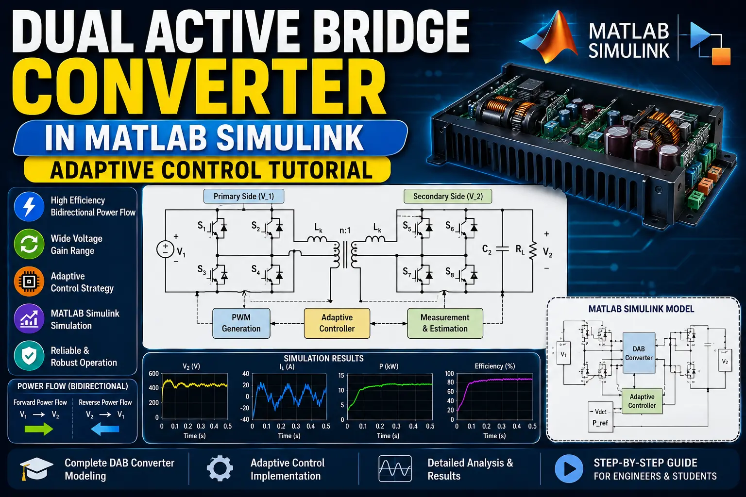 MATLAB Dual Active Bridge Converter in MATLAB Simulink | Adaptive Control Tutorial project with source code
