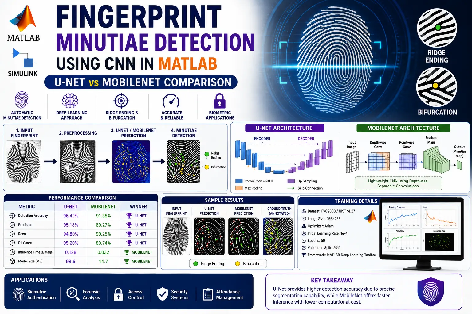 MATLAB Fingerprint Minutiae Detection Using CNN in MATLAB U-Net vs MobileNet project with source code