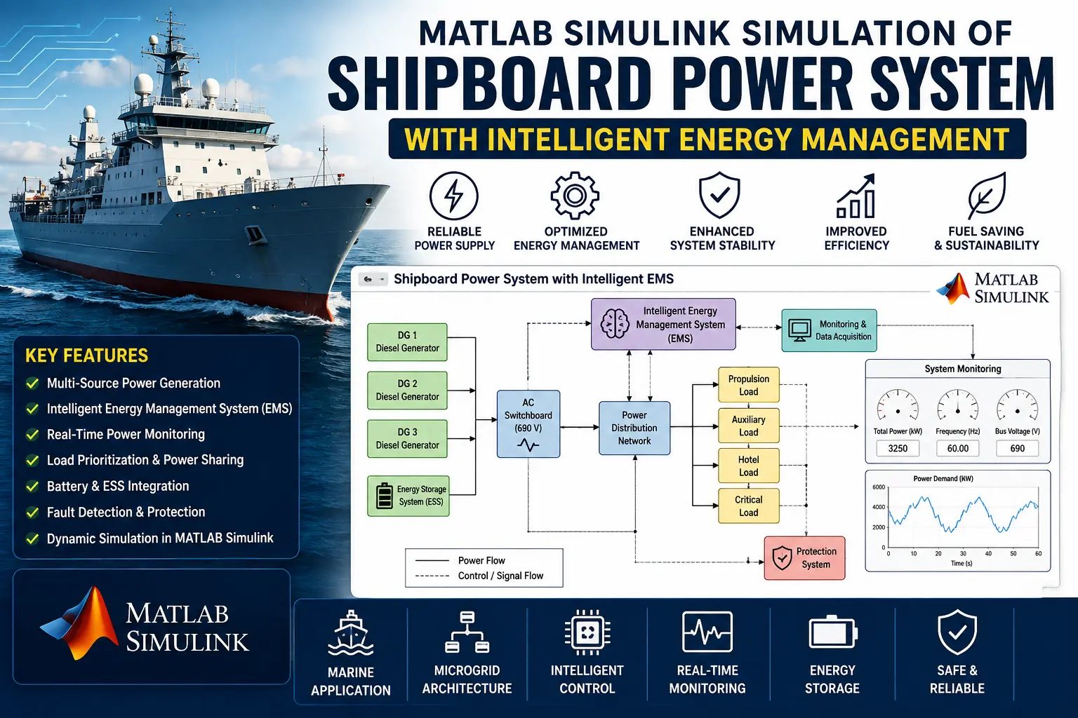 Shipboard Power System Simulation in MATLAB | Intelligent EMS – MATLAB Simulation Video