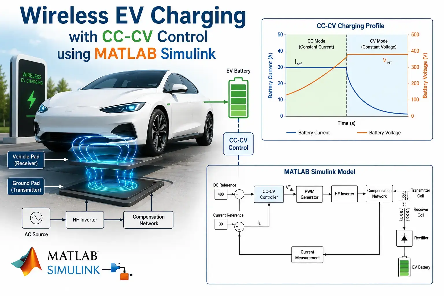 MATLAB Wireless EV Charging with CC-CV Control using MATLAB Simulink project with source code and documentation
